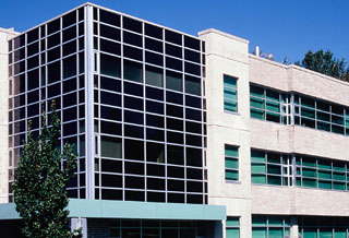 [Photo of PV façade on BCIT campus building, Burnaby, British Columbia.]