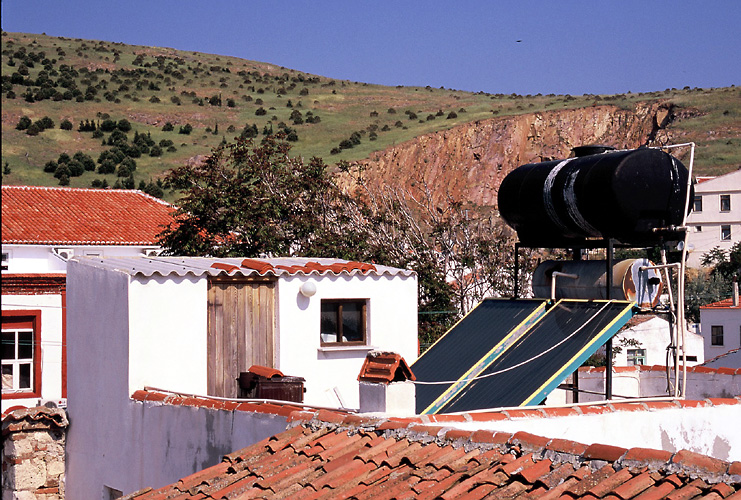 [Photo of solar system for domestic hot water, on island of Bozcaada, Turkey.]