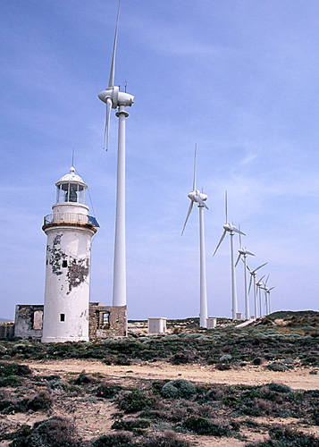 [Photo of linear windfarm composed of Enercon megawatt class turbines, on island of Bozcaada, Turkey.]